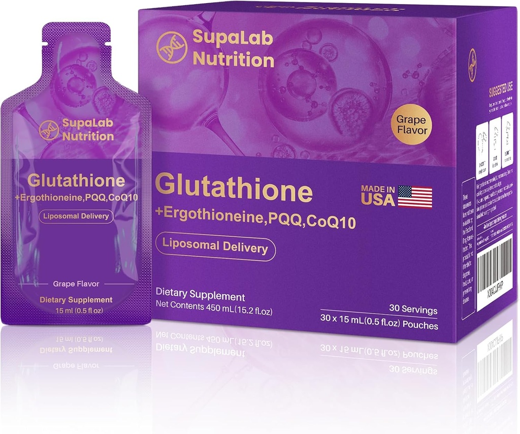 Suplemento Liposomal Glutathione – 500 mg Glutathione con PQQQ, CoQ10 & Vitamina C – Antioxidante de alta absorción para Immune & Energy Support – Grape Flavor, 30 Pouch