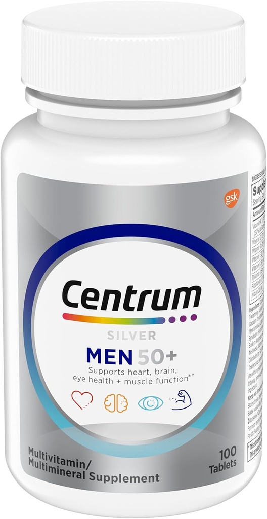 Centrum Silver Multivitamin for Men 50 Plus, Multimineral Supplement, Vitamin D3, B-Vitamins and Zinc, Gluten Free, Non-GMO Ingredientes, soporta memoria y cognición en adultos mayores - 100 Ct