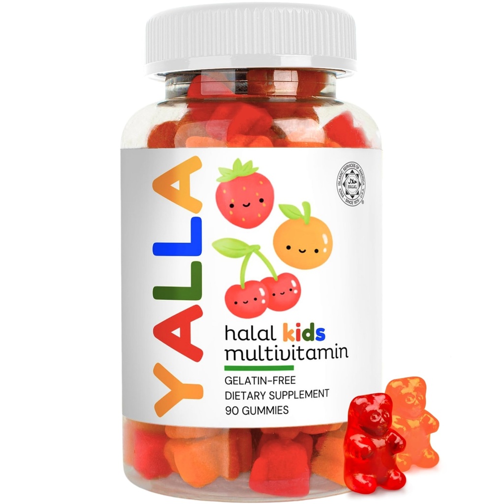 Vitaminas Halales YALLA para Niños, Mangas Multivitamínicas para Niños Halales, Suministro de 45-90 Días, Vitaminas Esenciales con C, D3, Zinc para Inmunidad, B6 B12 para Energía, Certificado ISA, Gelatina Gratis