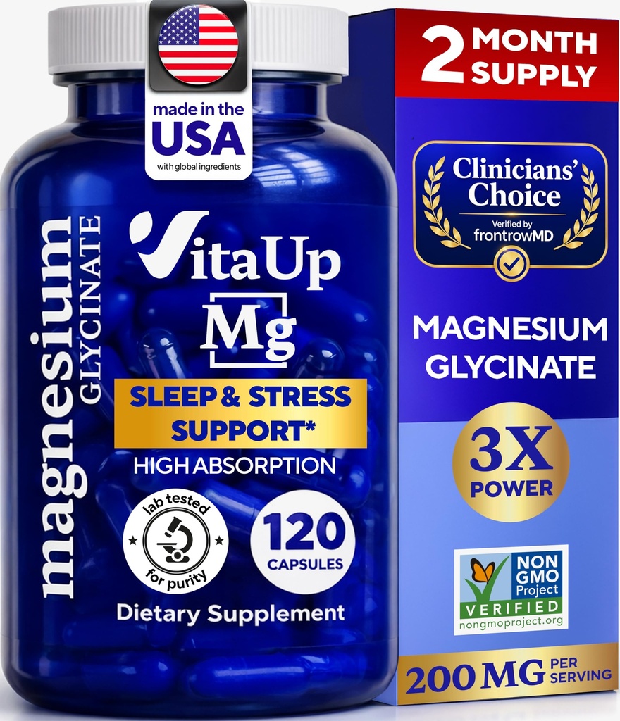 VitaUp Magnesium Glycinate 200mg - USA Made, Highly Absorbed, Non-GMO Magnesium for Relaxation, Deep Sleep, Bones & Heart - 200mg per Serving, 120 Vegan Capsules