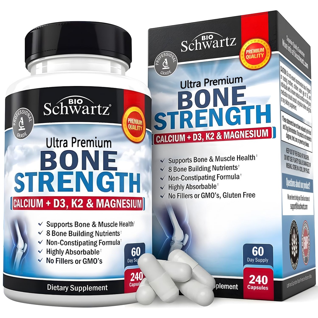 BioSchwartz Bone Strength Supplement - Gentle Non-Constipating Bone Health Supplement for Women &amp; Men with 9-in-1 Complex with Calcium Magnesium Zinc D3 K2 &amp; More - 3rd Party Tested - 2 Months