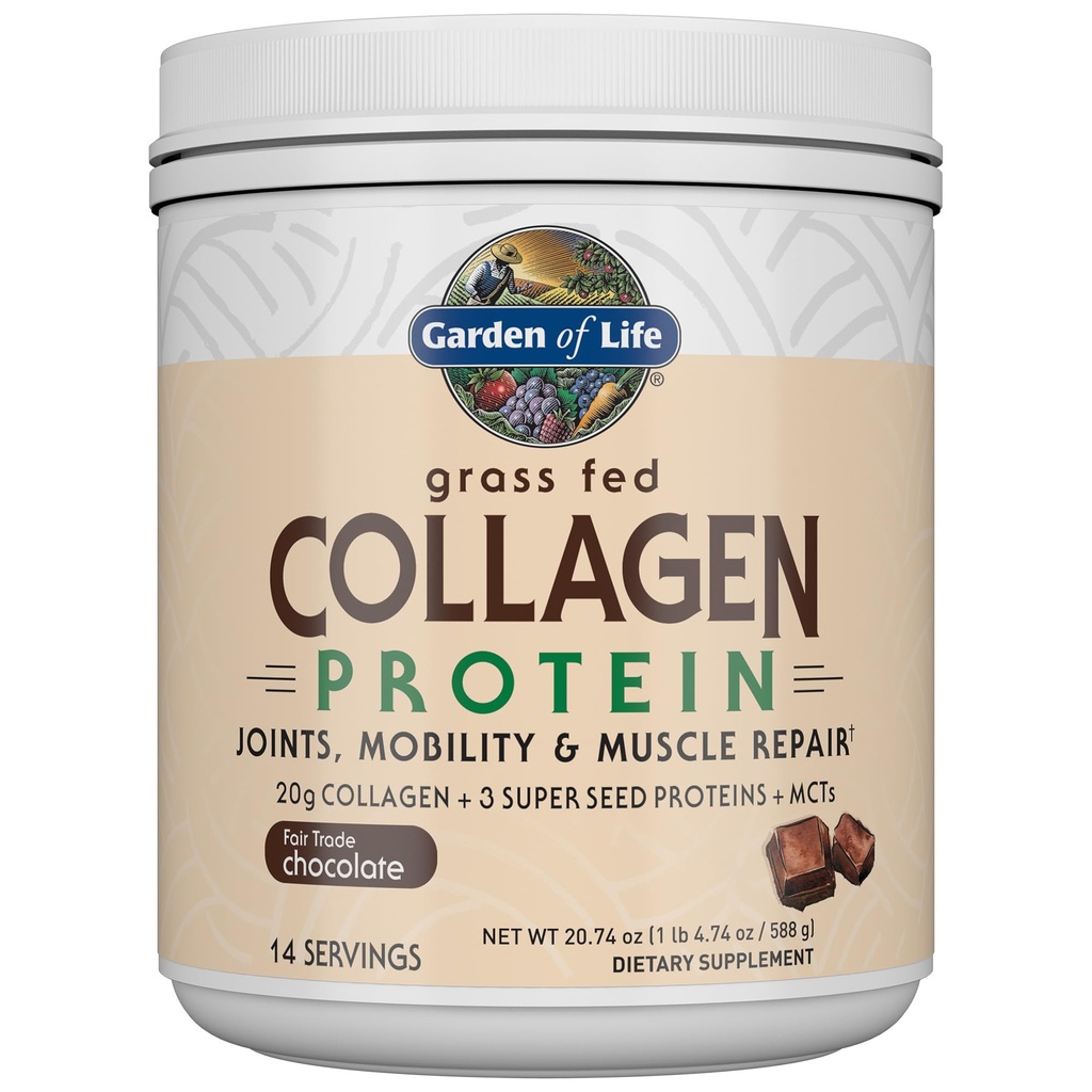 Jardín de la vida Grass Fed Collagen Protein Powder - Chocolate, 14 Servings, Polvo para juntas Movilidad Muscle Repair, Collagen Peptides + Super Semillas + Coconut MCTs, Keto Suplemento