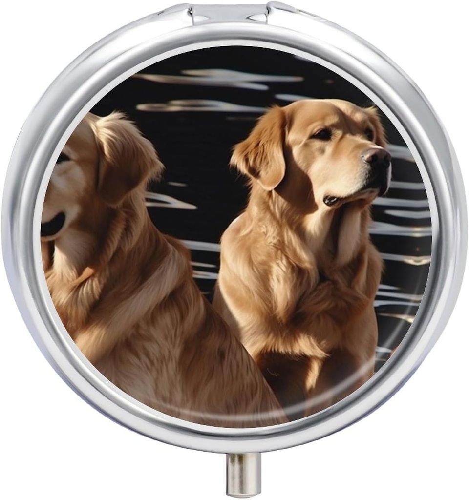 Pill Box 3 Compartment Round Pill Organizer Daily Small Pill Case for Travel Golden Retrievers Metal Pill Container Medicina Portátil Organizer for Pill Vitamins Fish Oil Supplement