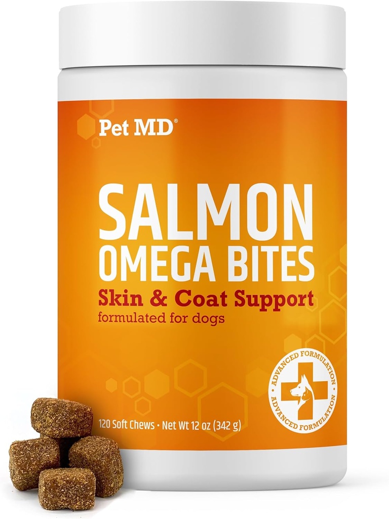 Pet MD Salmon Omega Bites for Dogs - Skin and Coat Supplement with Omega 3 & 6 for Dogs Plus DHA & EPA - Promueve la alergia y el alivio de la piel seca - 120 ct