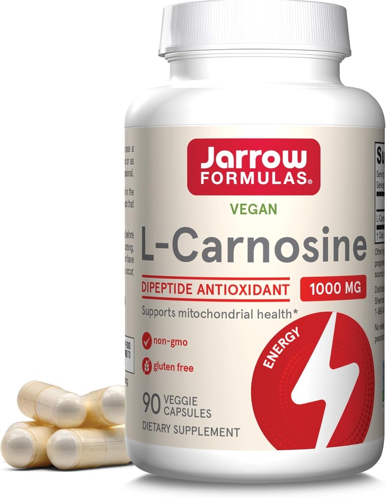 Jarrow Formulas® L-Carnosine Dipeptide Antioxidante 1000 mg, Suplemento dietético, Apoyo antioxidante para la salud mitocondrial, 90 cápsulas vegetales, hasta 45 días de suministro