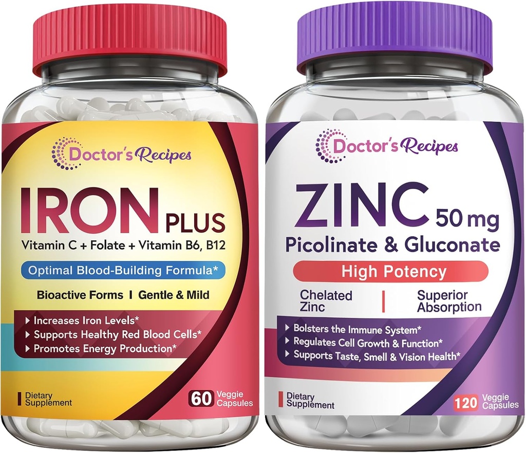 Recetas del médico Iron y Zinc Bundle - Energía, Sangre, Salud Inmune para Mujeres, Alta Absorción, No GMO