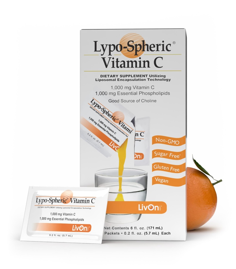 LivOn Laboratories Lypo-Spheric Liposomal Vitamina C 1000mg - No Sugar, Soporte Inmunitario, Planta Basada - Fácil de Tragar, Absorbable - No GMO, Gluten Gratis (0.2 fl oz Individual 30 Packets)