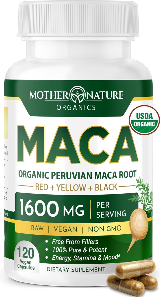 Madre Naturaleza Organic Maca Root Capsules – 1600mg, 120 Vegan Capsules – No GMO Peruano Amarillo, Rojo &amp; Negro Maca para Hombres &amp; Mujeres - Energía, Hormona, Cerebro &amp; Peso Well-Being
