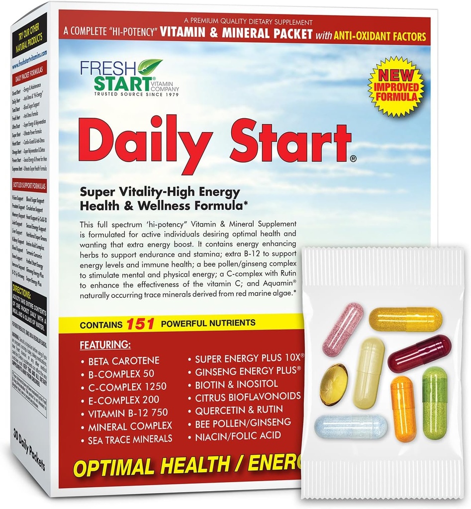 Daily Start Complete Daily Vitamin Pack ← 10X Energy & Stamina Booster ← Vitamina A, B, C, D, E, B12, Minerales, Ashwagandha, Panax Ginseng, Yerba Mate, Green Tea (30 Packets)