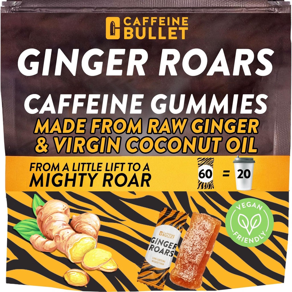 Ginger Roars - 60 Gummies de Energía - Vacas de Caffeine Vegan Cada 33 mg, Hecho con un Tasty, Natural Fiery Kick para una mejor carrera, Cycling, Preworkout & Focus.