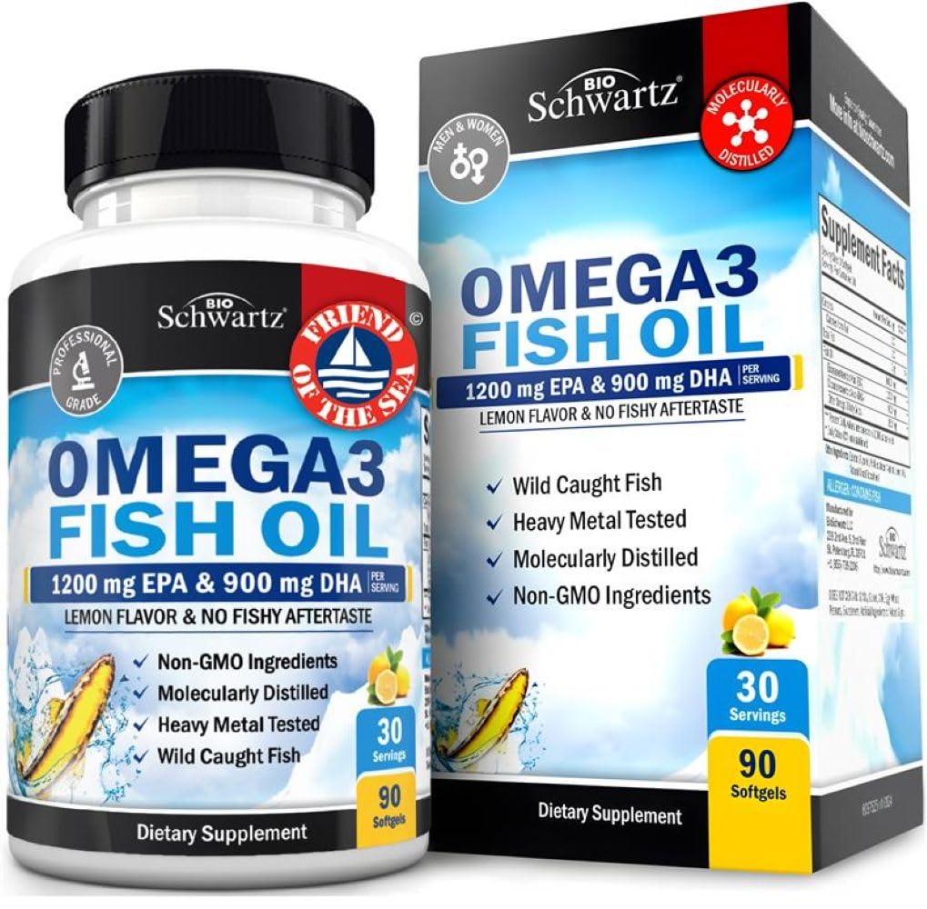 Triple Fuerza Omega 3 Fish Oil 3000mg - High Potency Omega 3 Suplemento para Mujeres y Hombres, Burpless Lemon Flavor Fish Oil - 2250mg ácidos grasos esenciales con DHA &amp; EPA, Wild Caught, 90 Softgels