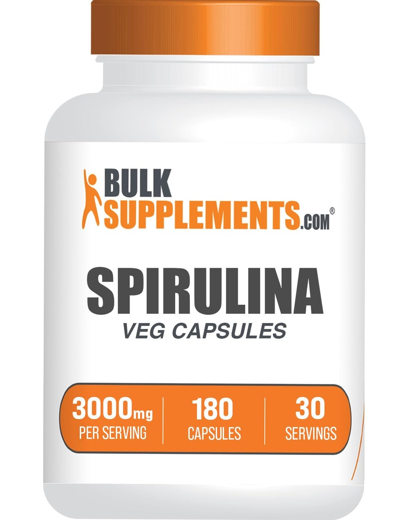BulkSupplements.com Spirulina Capsules - Green Superfood Supplement, Spirulina Supplement - Vegan, 6 Capsules per Serving, 180 Count (Pack of 1)