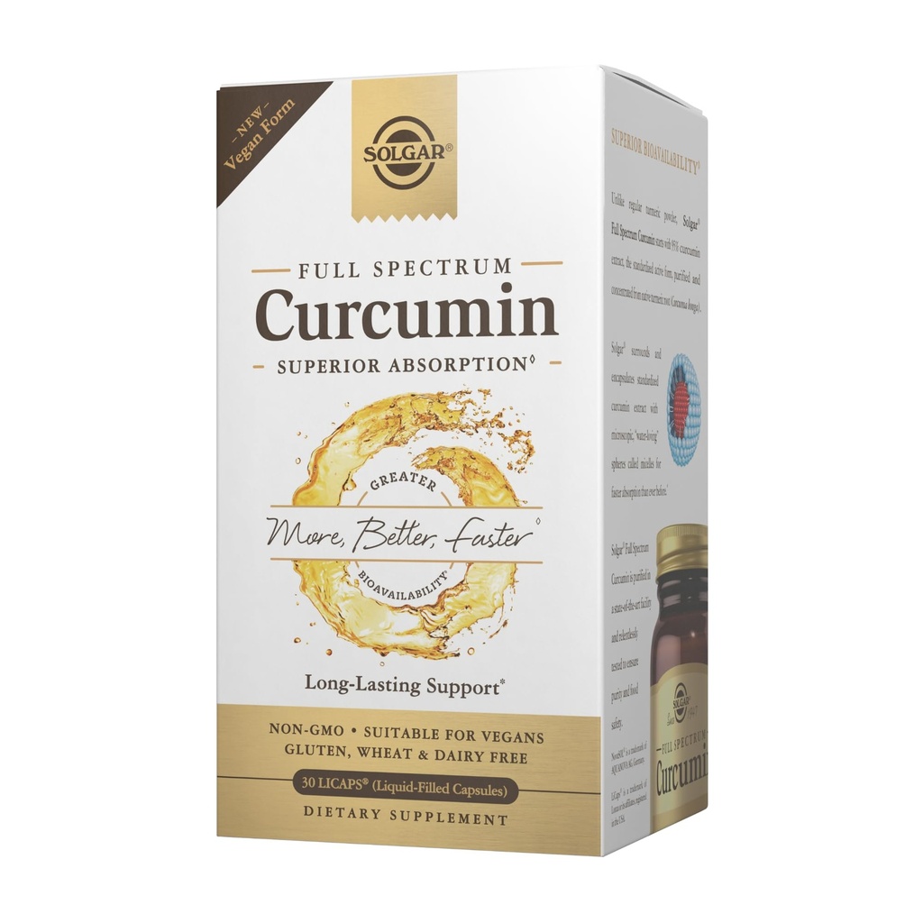 Curcumina de espectro completo de Solgar - 30 LiCaps - Absorción superior - Cerebro, Salud integral de Inmunidad - Vegan, Gluten Gratis, No GMO, Dairy Gratis - 30 Servings