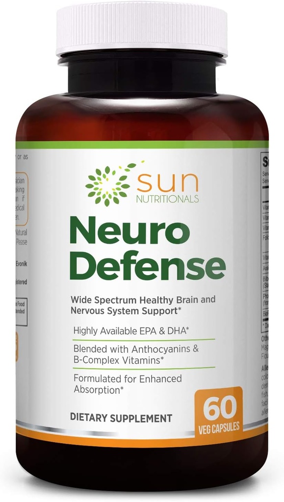 Neuro Defensa con ácidos grasos Omega-3 EPA & DHA, Anthocyaninas del Extracto de Bilberry, Vitaminas B-Complex, Vitaminas C &amp; D3, Phosphatidylcholine, 60 VCaps, No GMO, Gluten Gratis