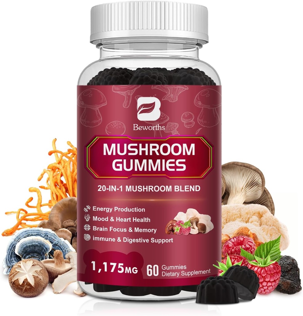 Mushroom Gummies, 20 en 1 Lions Mane Mushroom Complex Suplemento con Reishi, Chaga, Cordyceps & More for Adult, Support for Brain, Focus, Cognitive & Immune Health, Vegan, Raspberry Flavor, 60 Conde