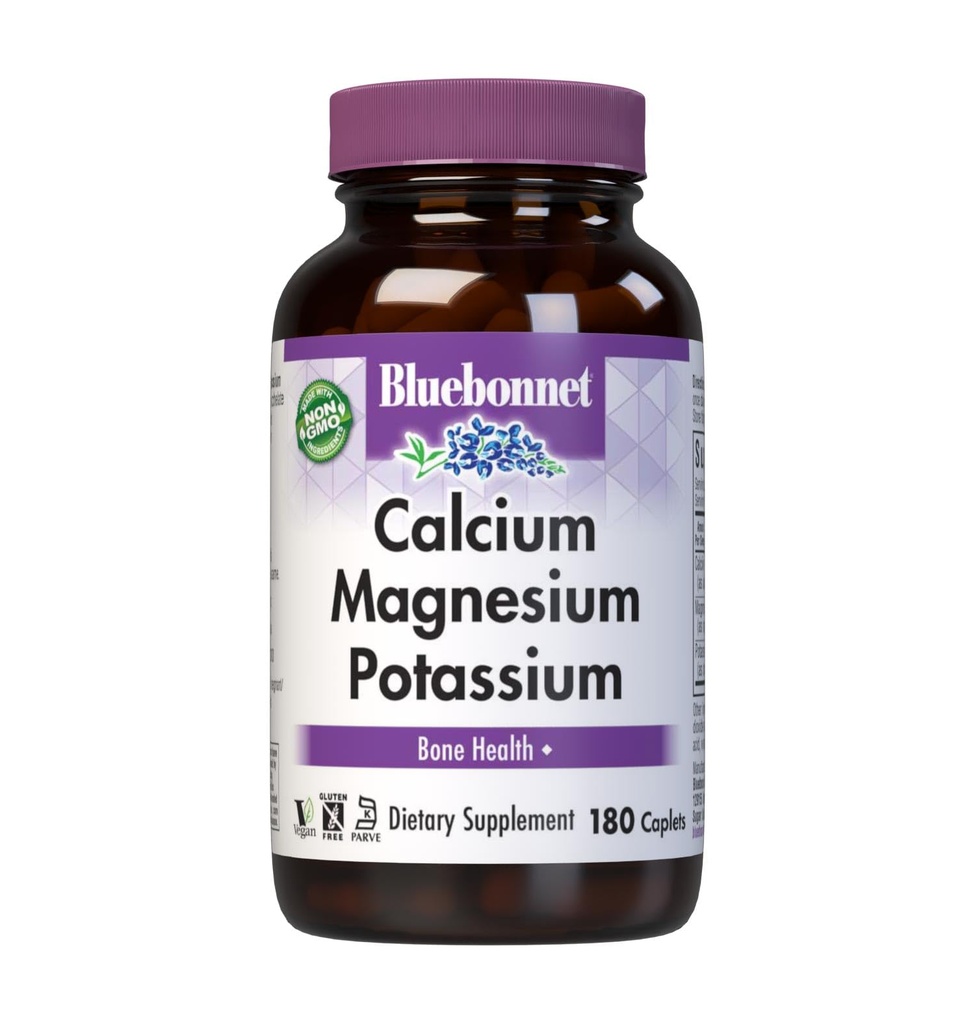 Bluebonnet Calcium Magnesium Potassium Supplement for Women &amp; Men - Supports Healthy Bones - Calcium 1000mg Mineral Supplement Chelate Form - Non-GMO, Vegan, Gluten-Free - 180 Caplets