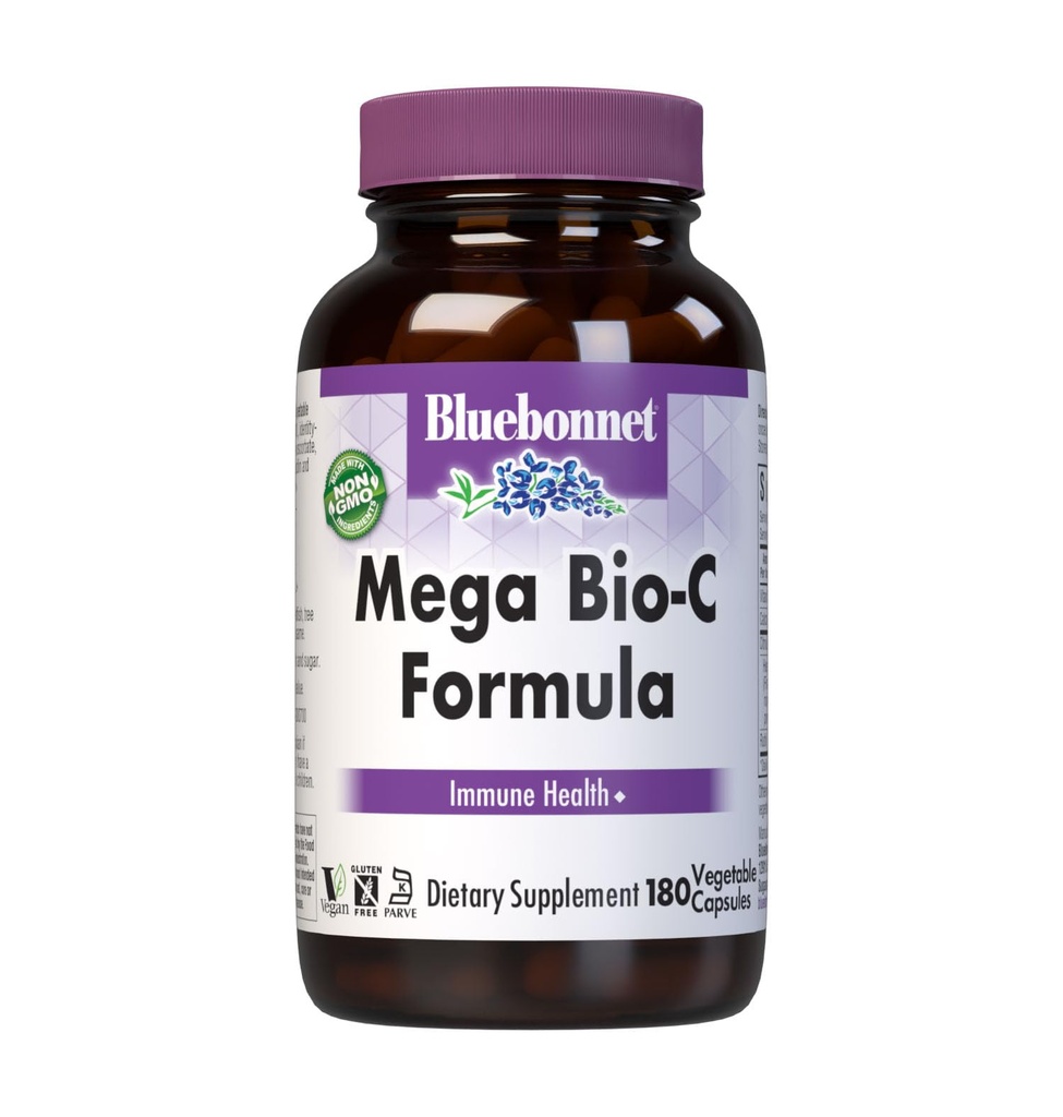 Bluebonnet Nutrition Mega Bio-C Fórmula cápsulas vegetales, alta potencia vitamina C amortiguada, para Immune Health, Soy Free, Gluten Free, Non-GMO, Kosher, Dairy Free, Vegan, 180 Conde