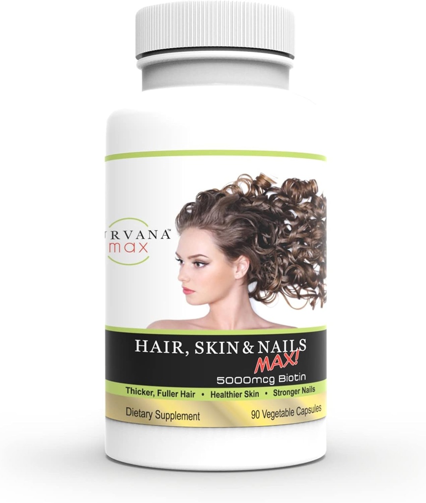 Wellgenix Purvana Max Hair, Skin & Nails Vitamina: Biotin 5000mcg para el crecimiento del cabello mejorado, Prevención de la pérdida del cabello para hombres y mujeres, Vegan, Ideal para Post Partum & PCOS, 90 Cuenta, Paquete de 1