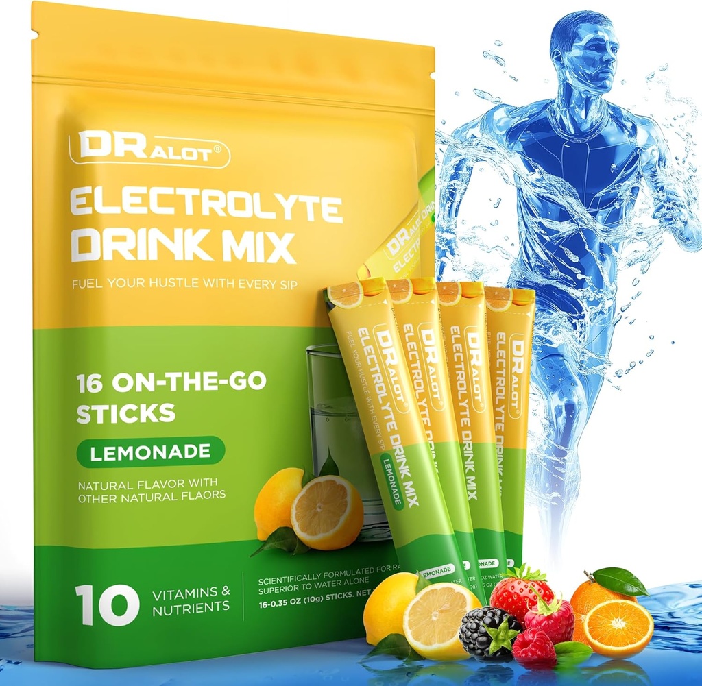 Electrolitos libres de azúcar Polvo con sabores naturales, paquetes de hidratación rápida 3X con 10 electrolitos & vitaminas, líquido diario IV, no Gluten-Free, Keto, Vegan, 16 palos, Lemon