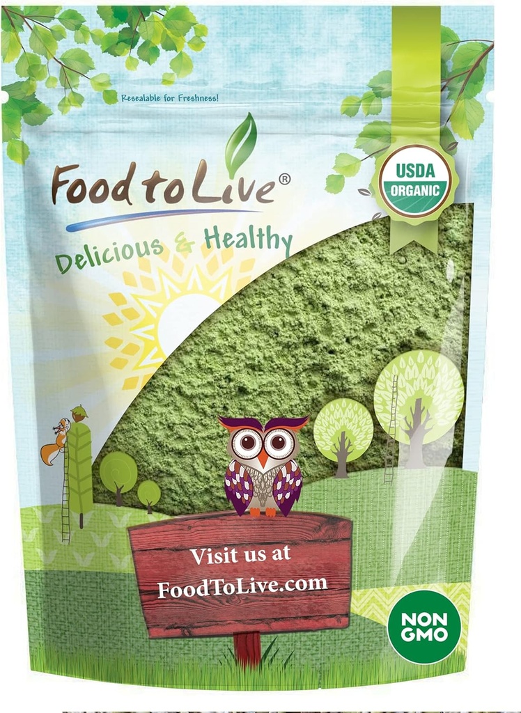 Comida para Vivir Pólvora Orgánica, 1 Pound — Non-GMO, Whole-Leaf, Raw, No-Irradiated, Pura, Superfood Vegan, Bulk, Great para Juice, Rich in Fiber, Chlorophyll, Fatty Acids and Minerals