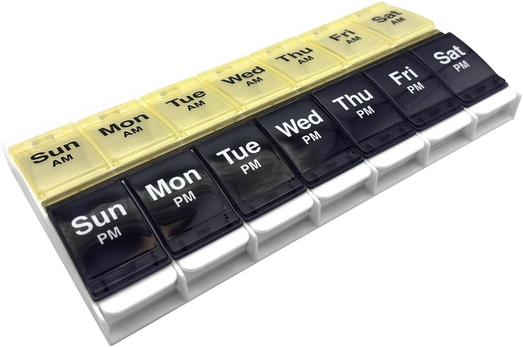 EZY DOSE Push Button (7-Day) Pill Case, Medicine Planner, Vitamin Organizer, 2 veces al día, AM/PM Container, X-Large Compartments, Arthritis Friendly, Easy to Use, Clear Lids, Blue/Yellow, BPA Free