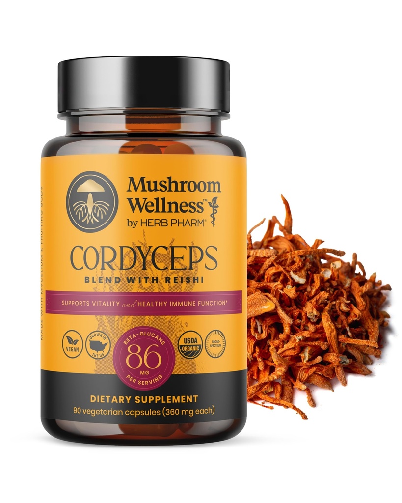 Mushroom Wellness Cordyceps Blend with Reishi: Organic Cordyceps & Reishi Mushroom Capsules, Mushroom Powder Supplement, Supports Immune System &amp; Healthy Urinary Function, 90 Vegan Capsules