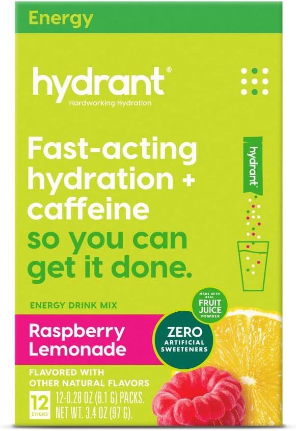 Hydrant - Electrolyte Powder Energía, Raspberry Lemonade Flavor, 12 Caffeine &amp; L-Theanine Energy Rehydration Stick Packs - Bajo Sugar Energizing Powder for Daily Use