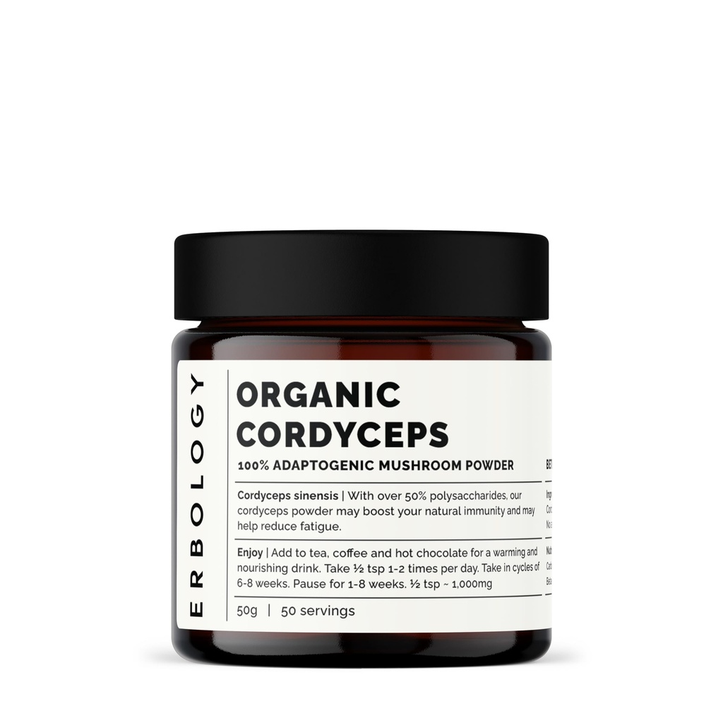 Erbology Organic Cordyceps Mushroom Powder 50 Servings - 48% Beta-glucans - Energía y Rendimiento - Cordyceps Sinensis - Small Batch - Sustentably Grown in Europe - Vegan - Non-GMO - No Añadido Fillers
