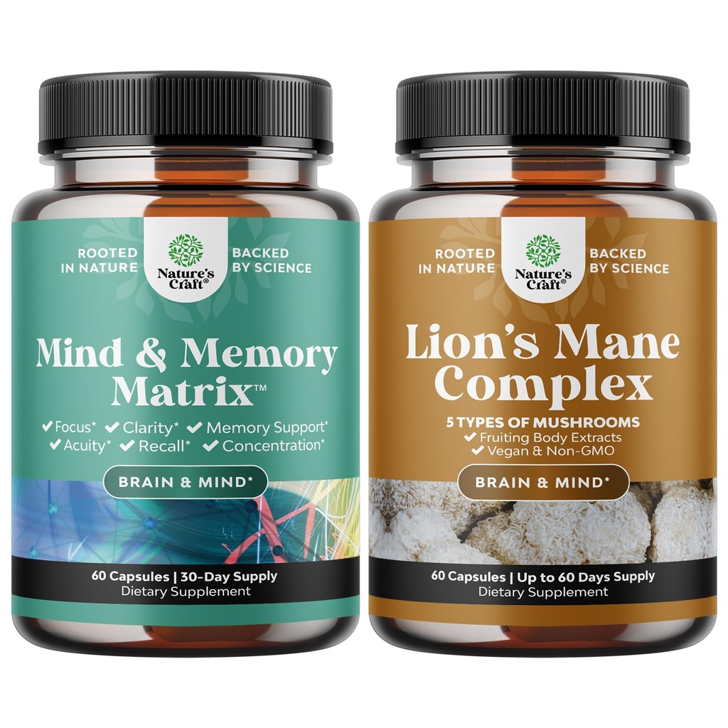 Bundle of Advanced Nootropics Brain Support Supplement with Memory & Focus Vitamins and Advanced Lion's Mane Mushroom Supplement with Reishi, Chaga, Maitake " Shiitake for Memory Support " Focus