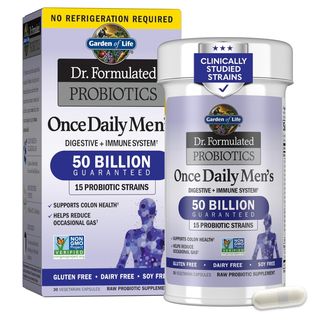 Probióticos para el jardín de la vida para los hombres, el Dr. Fórmula 50 Billones CFU 15 Probióticos para la salud digestiva + fibra orgánica prebiótica, soporte para colon &amp; inmunológico, Alivio de gas diario, Estable de la plataforma, 30 cápsulas