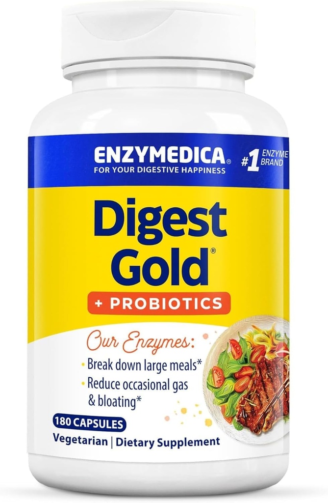 Enzymedica Digest Gold + Probióticos, 2-en-1 Fórmula para Gut Health, Enzymes Digestivos & Active Probiotic Cultures, 180 Cuenta