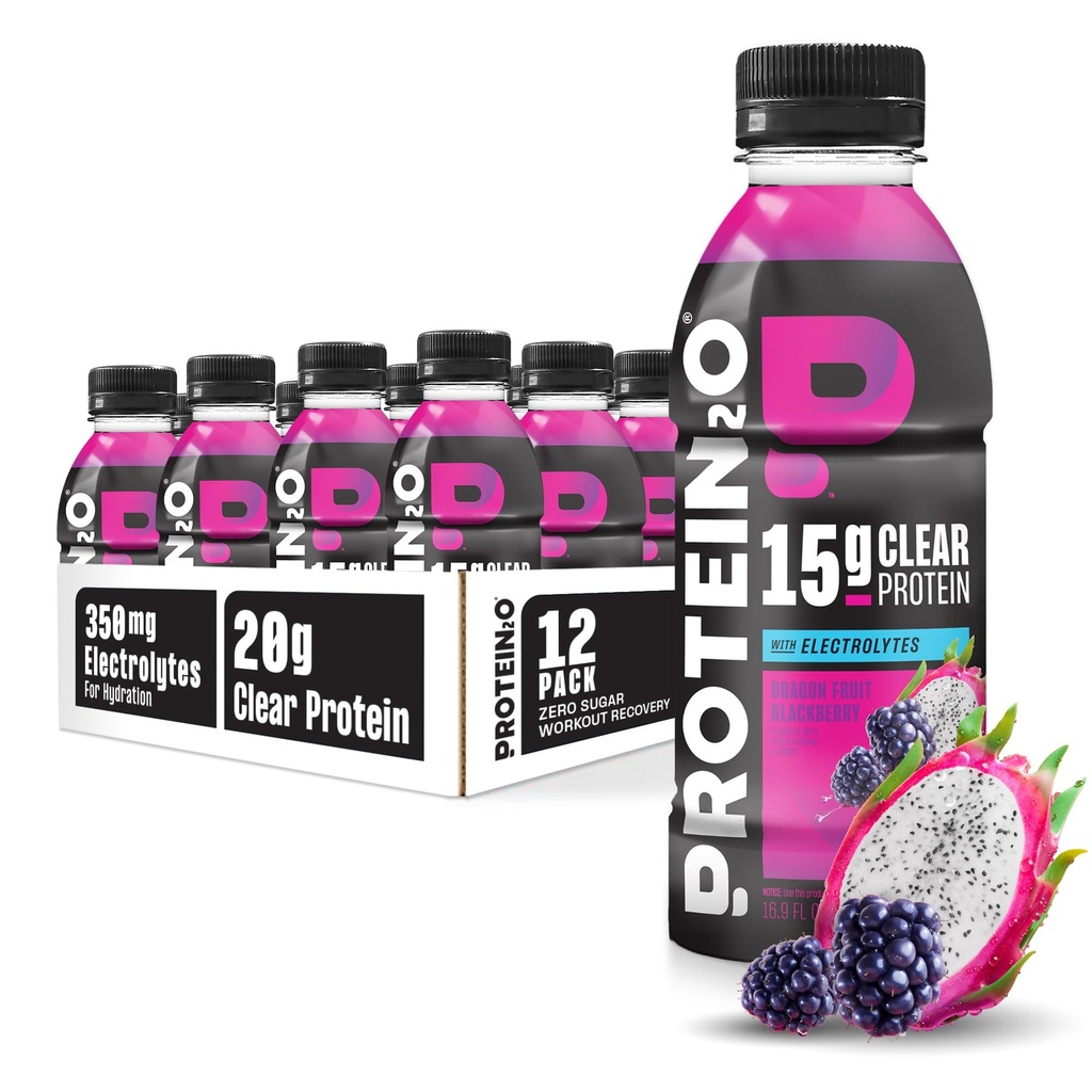Bebida de hidratación Protein2o - 2-en-1 Liquid Clear Whey Protein Isolate and Electrolyte Drink - 15g Proteína, Vitaminas B5, B6 - Recuperación de Post-Workout - 16.9 Fl Oz - 12 Conde Fruta de dragón Blackberry