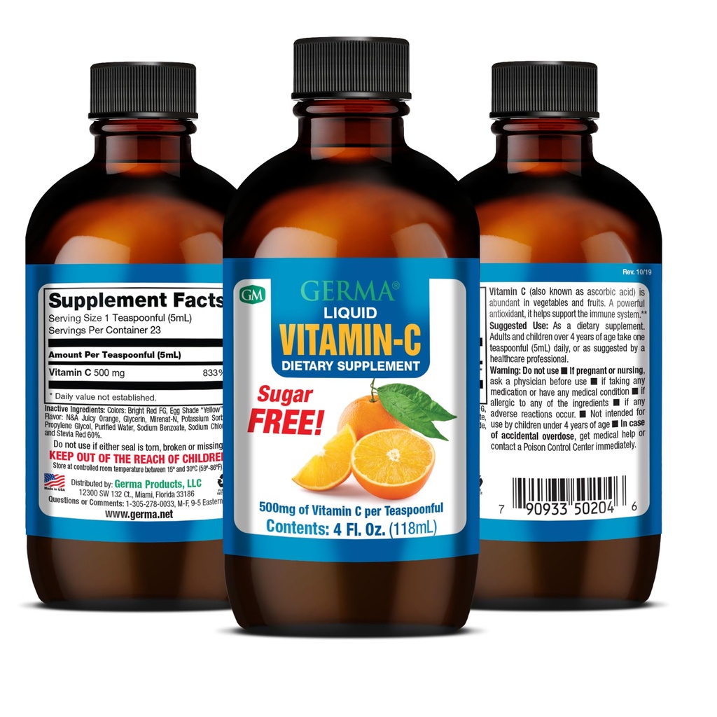 Germa Vitamina líquida sin azúcar C. 500 mg. Absorción rápida Suplemento dietético. Sistema Inmunitario Booster. 4 oz / 118ml