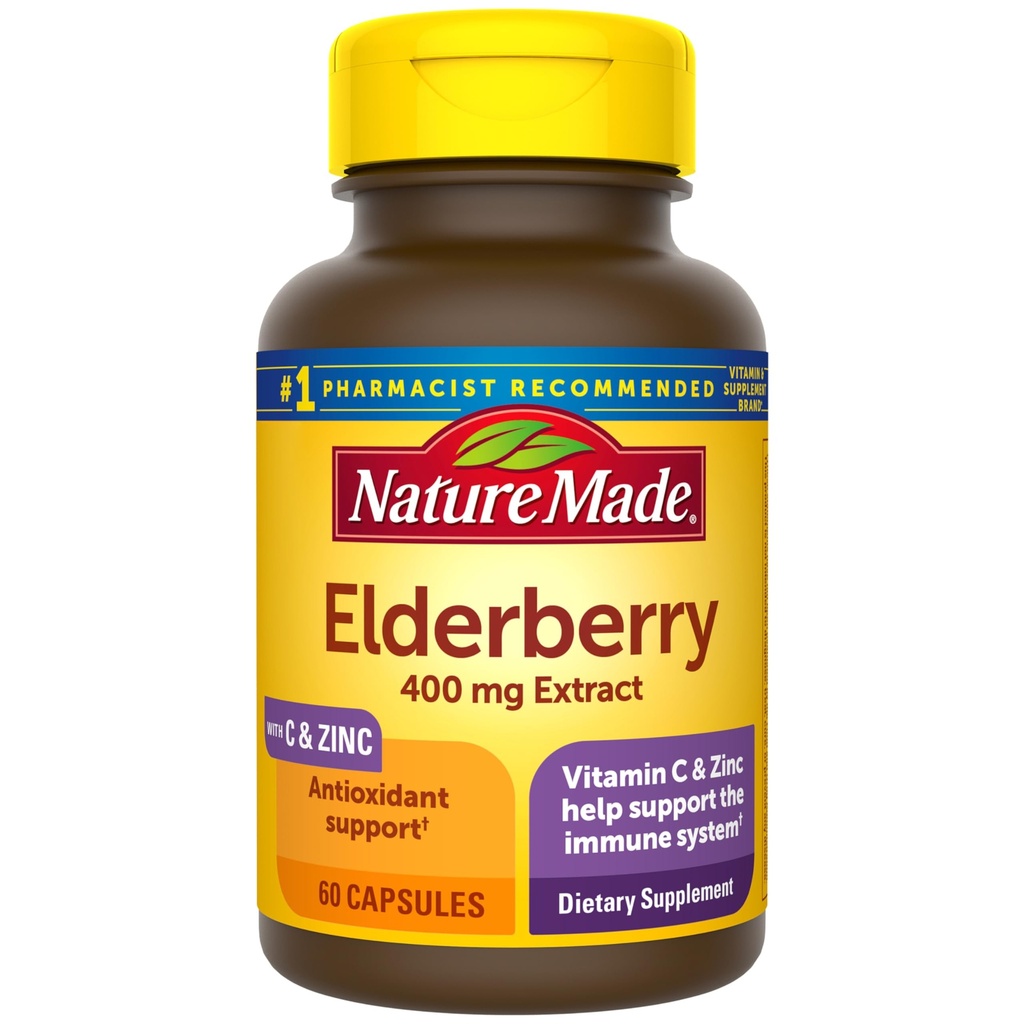 Nature Made Elderberry 400 mg Extracto con Vitamina C y Zinc, Suplemento dietético para Apoyo Inmunitario, 60 cápsulas, 60 días de suministro