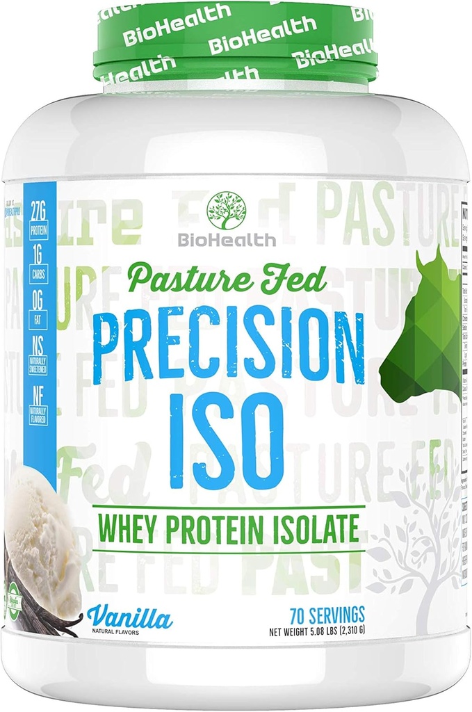 BioHealth Nutrition Precision ISO Vanilla (5lb) | 27g Premium Pasture Fed Whey Protein Isolate + Amino Acids | 70 Servings | Zero Sugar | GMO Free