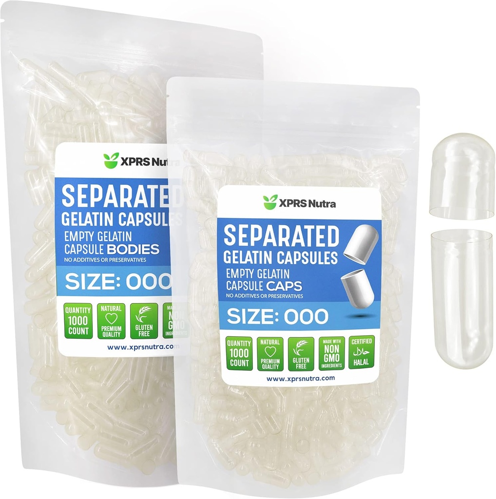 XPRS Nutra cápsulas separadas Tamaño 000-1000 Contar Limpiar Grandes Empty Gelatin Capsules Separados en Bolsas - Premium Limpiar Empty 000 Píldoras para relleno de suplemento DIY