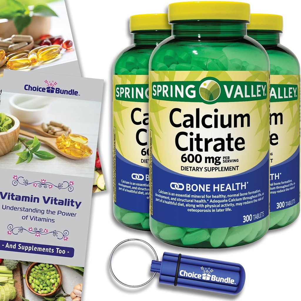 Spring Valley Calcium Citrate Tablets Dietary Supplement 600 mg 300 Ct 3 pk Choice Bundle (900 Total) + Vitamin Guide &amp; Pill Container (5 Items)!