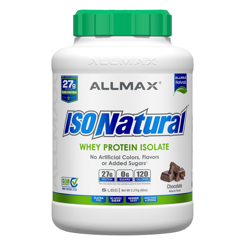 ALLMAX ISONATURAL Whey Protein Isolate, Chocolate - 5 lb - 27 Gramos de Protein Por Scoop - Zero Fat & Sugar - 99% Lactose Gratis - con Prebióticos - Sin Sabores Artificiales - Aprox. 73 Servimientos