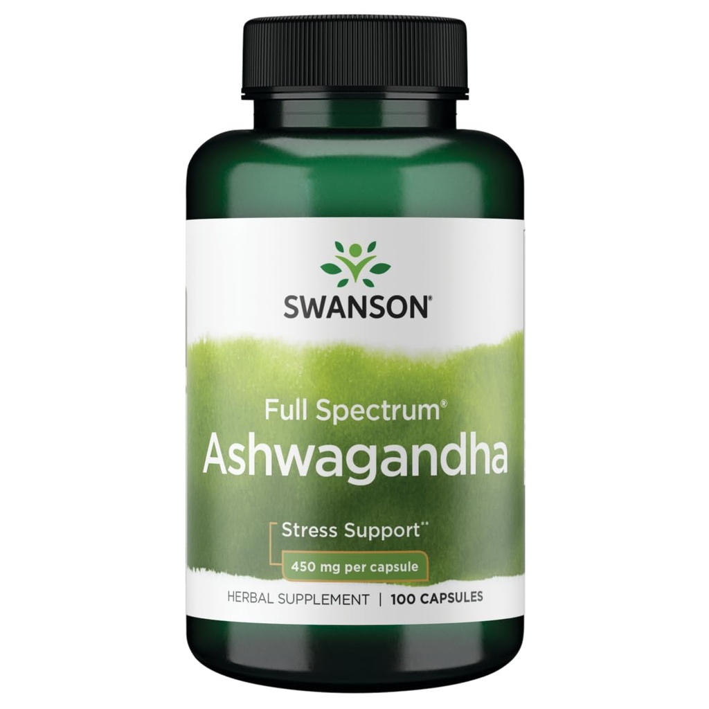 Swanson Ashwagandha Powder Supplement - Ashwagandha Root " Aerial Parts - Promotes Stress Relief & Energy - Ayurvedic Supplement for Natural Wellness (100 cápsulas, 450 mg cada uno)