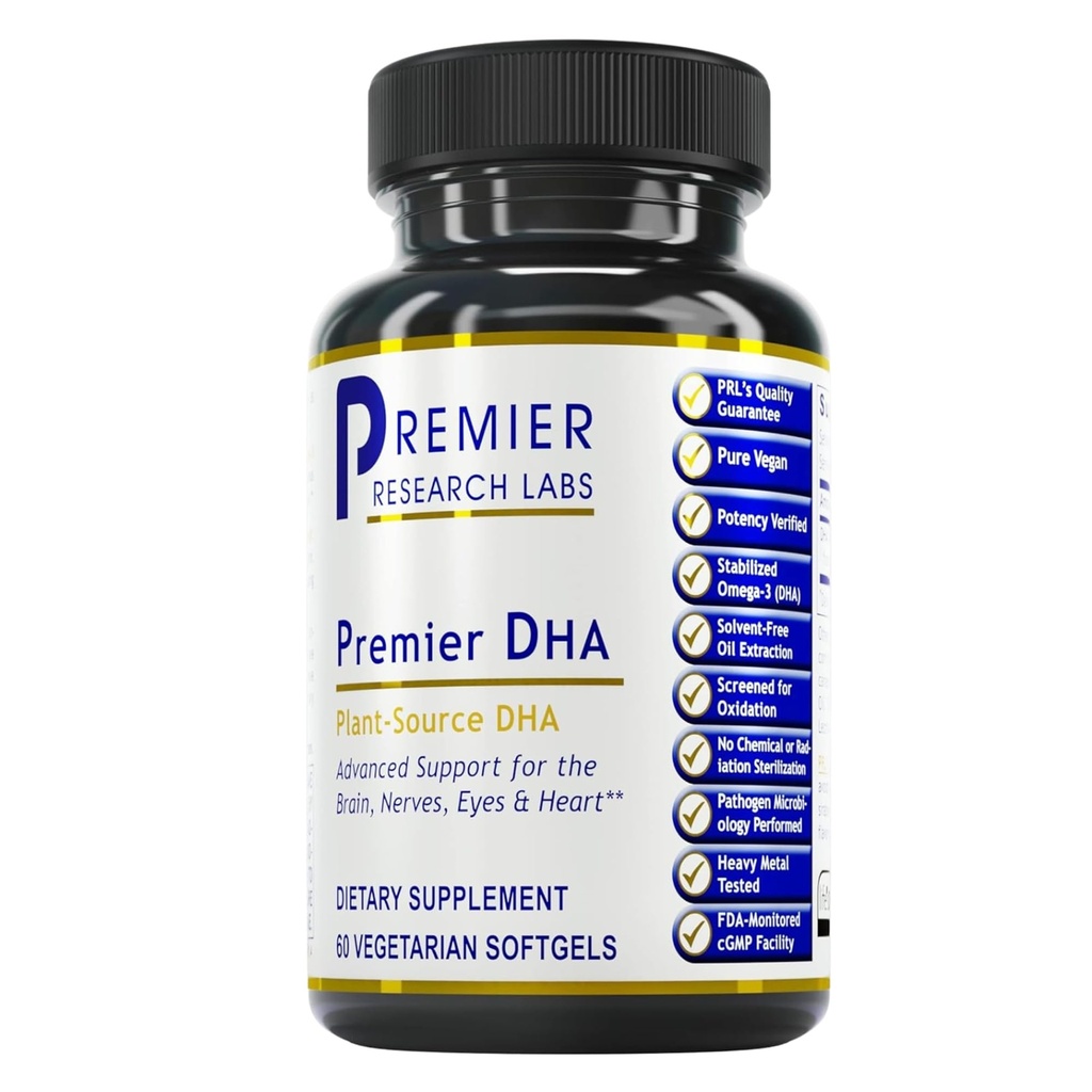 Premier Research Labs Premier DHA - Vegan DHA con ácidos grasos Omega 3, DHA con base de Algae para hombres y mujeres, suplemento natural DHA adecuado para Vegans- 60 cápsulas vegetarianas de Softgel