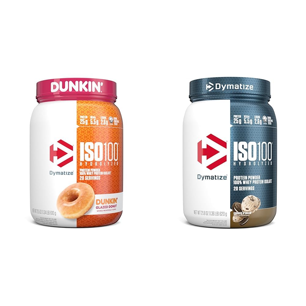 Dymatize ISO100 Hydrolyzed Protein Powder, 100% Whey Isolate, Dunkin' Glazed Donut Flavor, 20 Servings " ISO100 Hydrolyzed Protein Powder, 100% Whey Isolate Protein, 25g de Protein, 5.5g BCAAs
