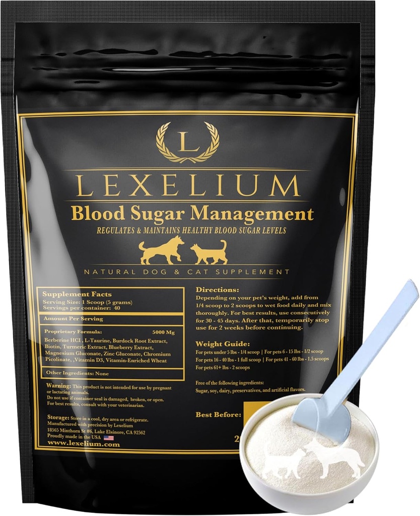 Manejo de azúcar en sangre para perros diabéticos y gatos- Fórmula de polvo formulado -Apoyos " Regula niveles saludables de azúcar en sangre- Suplementos Sensibilidad de la insulina " Glucose- Made in the USA -200g