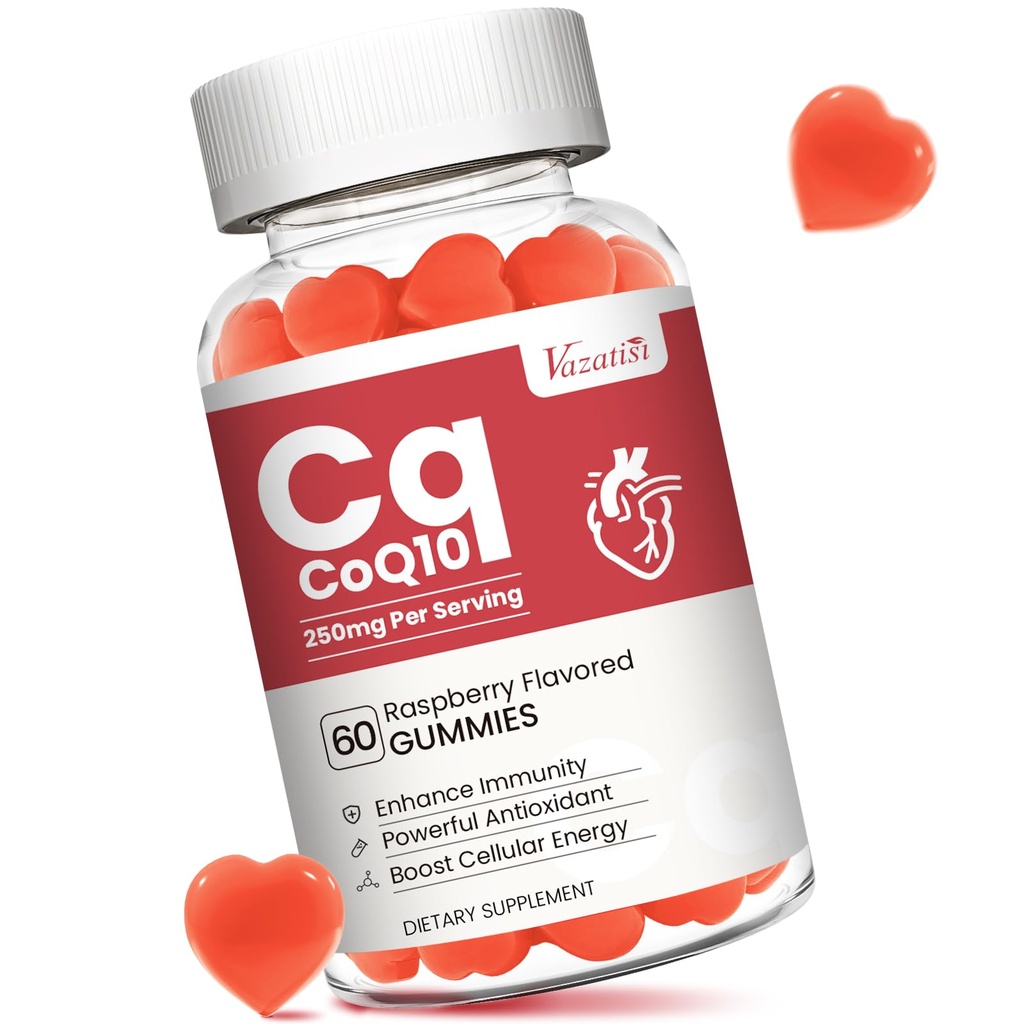 High Absorption CoQ10 Gummies 250 mg, Plus Omega-3, Vitamin B3 for Cellular Energy, Brain & Antioxidant, 5X Better Absorption Coenzyme Q10 Supplement, Raspberry Flavored - 60 Cts