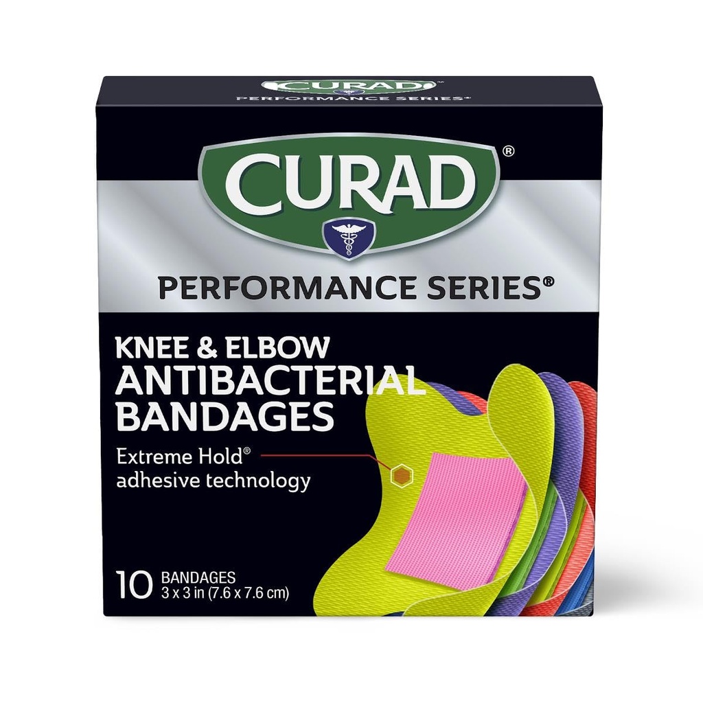 CURAD Performance Series Antibacterial Bandages, Elbows and Knees, 3" x 3", 10 Count
