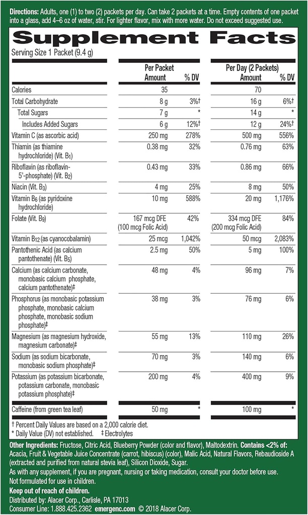 Emergen-C Energy+, con vitaminas B, vitamina C y cafeína natural de té verde (Blueberry Acai Flavor) Suplemento dietético Bebida Mix, 0.33 paquetes de polvo de onda (Pack of 18)