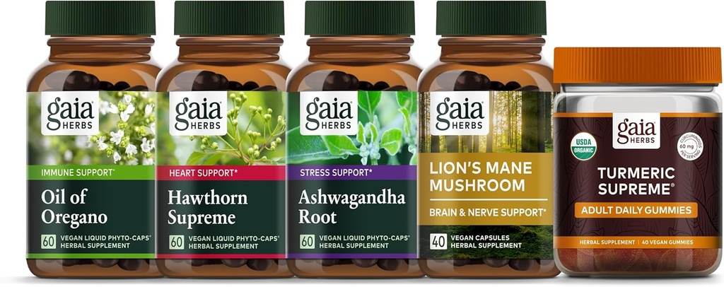 Gaia Herbs Ser Well Kit - Óleo de orégano, Turmeric Supreme Adult Daily Gummies, Hawthorn Supreme, Lion's Mane Mushroom, Ashwagandha Root