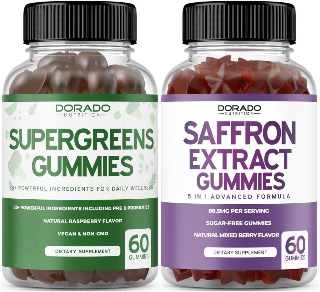 Supergreens Gummies (60 Cuenta) - Superfood for Immunity Support for Adults and Saffron Supplements (60 Gummies) Sugar Free 5 in 1 Advanced Formula - Non GMO - Non GMO, Vegan Safe & USA Made