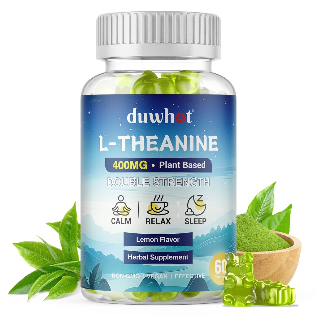 L-Theanine Gummies 400mg, Chewable Theanine Supplement for Adults &amp; Kids 4+, Natural Stress Relief, zzZ & Focus Supplement, Vegan, Low Sugar, Non-Drowsy, Lemon Flavor, 60 Chewables