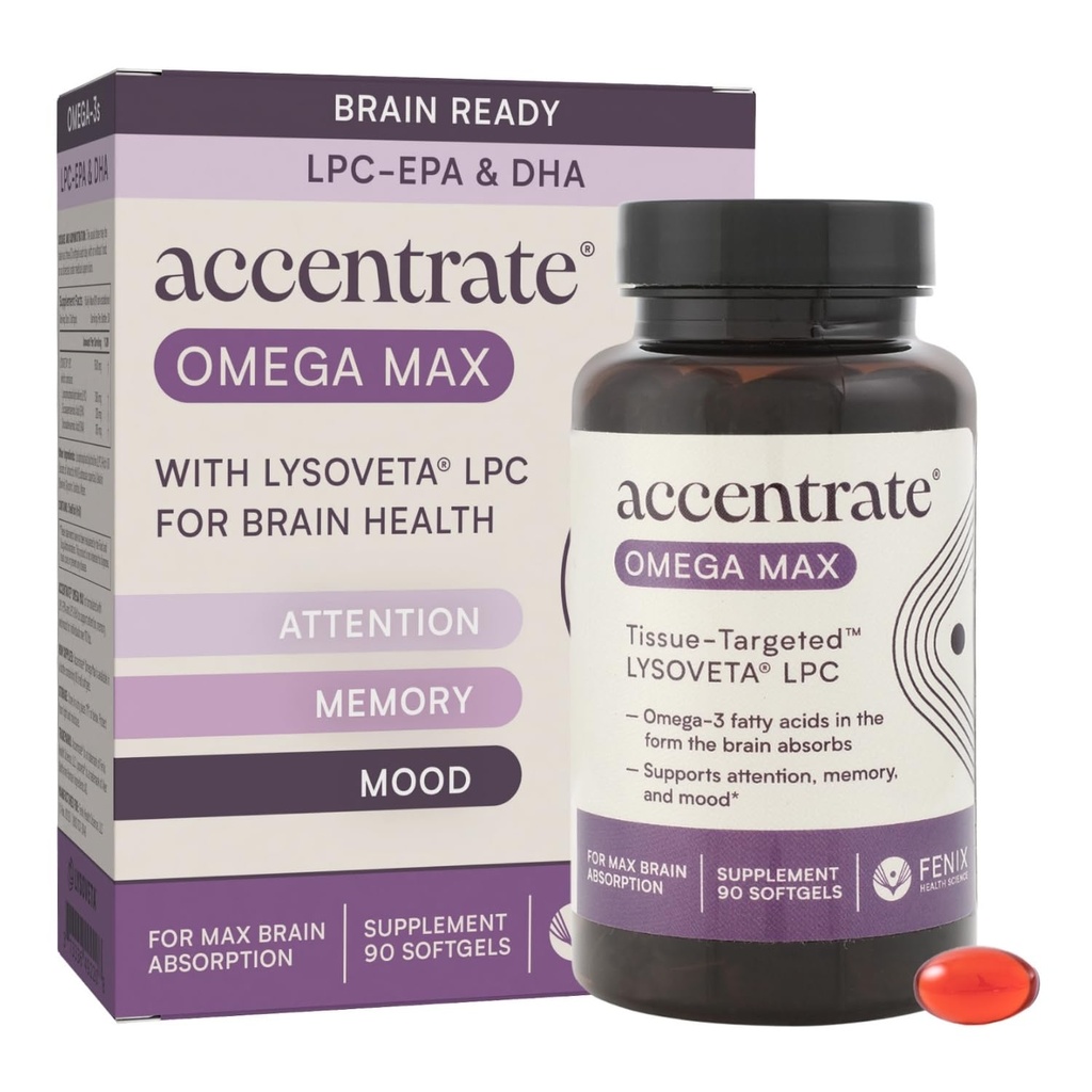 Omega Max w/LYSOVETA LPC ← EPA &amp; DHA Suplementos para Cerebro &amp; Retina Salud TEN Focus, Atención, Memoria, Mood &amp; Visión ANTE 6X Absorción Superior Que el Aceite de Pesca Silencioso Omega-3 LPC-DHA