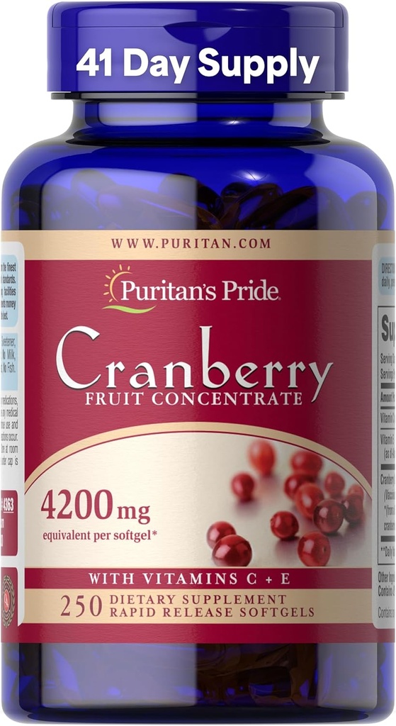 Pride Premium de puritan Concentrado de frutas de arándano 84 mg (4200 mg equivalente) con vitaminas C y E, Suplemento dietético para soporte de sistema inmunitario, suministro de 4 meses, 250 Softgels de liberación rápida